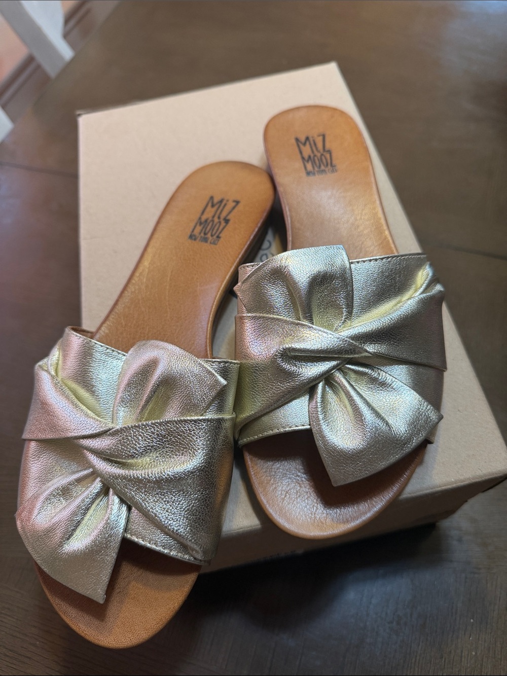 Miz Mooz Iridescent Metallic Knot Slide Sandals - Gold-Tone